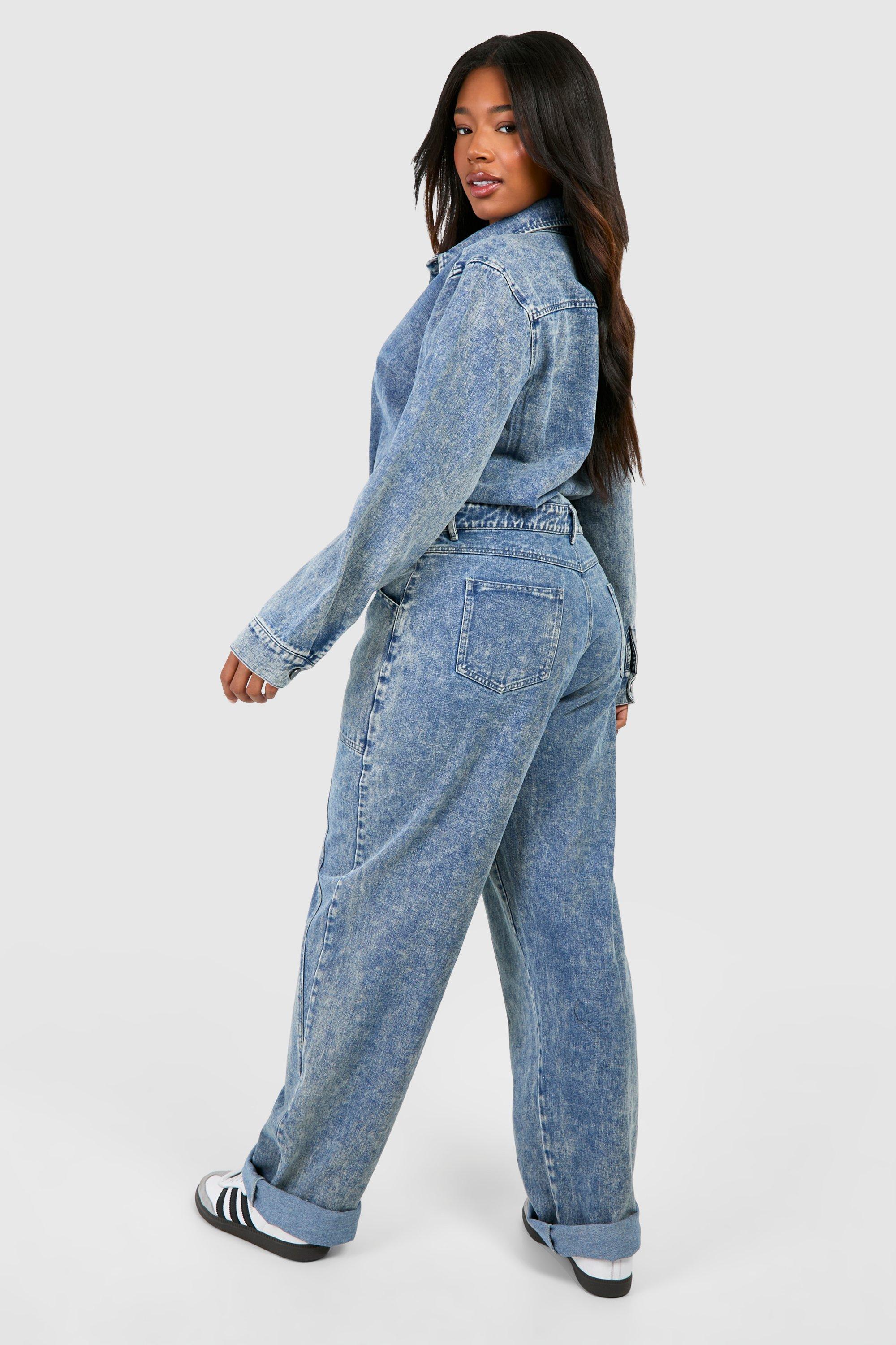 boohoo Plus Washed Denim Roll Hem Boilersuit Blue Size 20